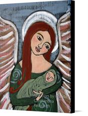 Canvas print of Folk art style Guardian angel holding a baby by the artist I C Colors by Iolanda Constantina Reinsmith