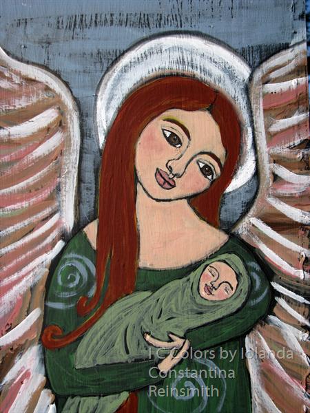 Folk-art-style-Guardian-angel-holding-a-baby by I C Colors by Iolanda Constantina Reinsmith