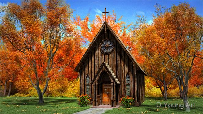 Little-Brown-Autumn-Church by D Young Art