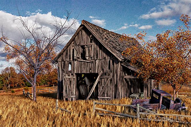 Old-Autumn-Barn-And-Truck by D Young Art